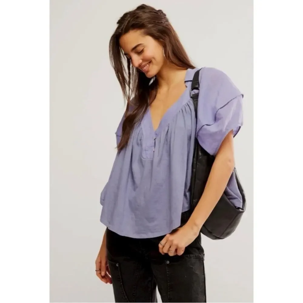 Free People Bohemian Billowy Oversized Sunray Babydoll Top Blue Granite Large - Picture 5 of 14